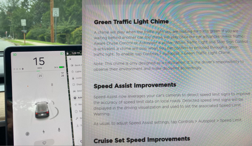 Tesla внедрила распознавание знаков ограничения скорости и предупреждение о зеленом светофоре в новом обновлении