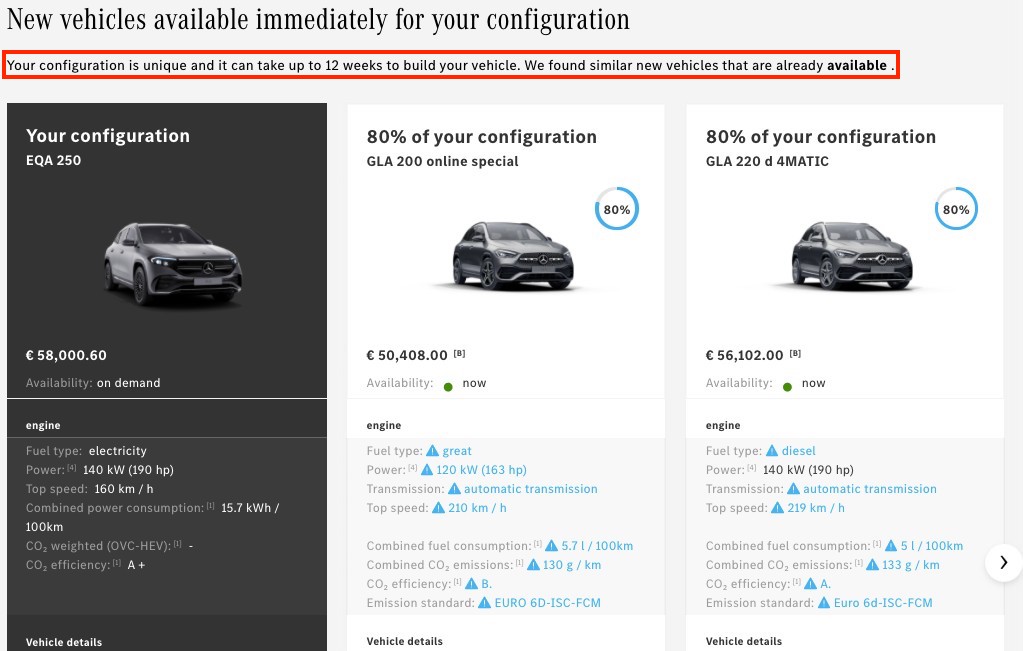 Конкурент Tesla, Mercedes-Benz, продает альтернативы ДВС на странице заказа EQA EV