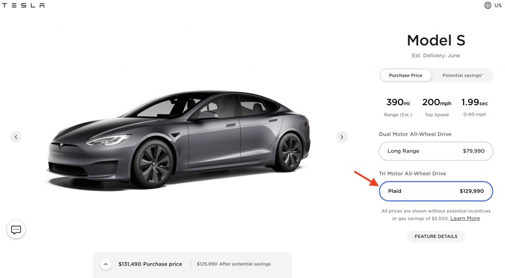 Tesla повысила цену Model S Plaid на 10 тысяч долларов в преддверии мирового дебюта
