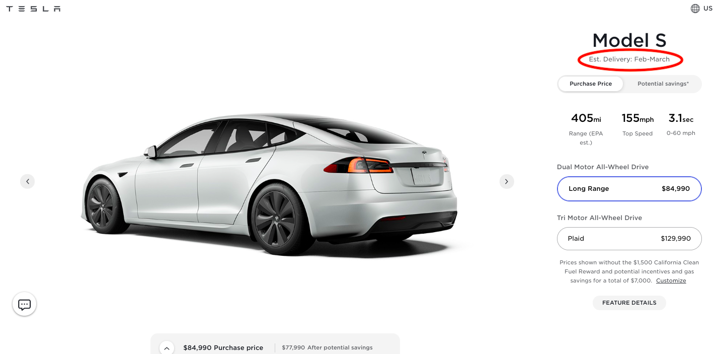 Оценки поставок Tesla Model S Long Range снизились до начала 2022 года