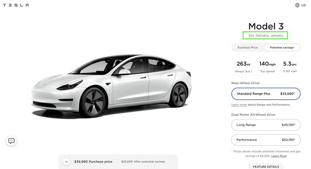 Tesla Model 3 Standard Range Plus продана в 2021 году в США