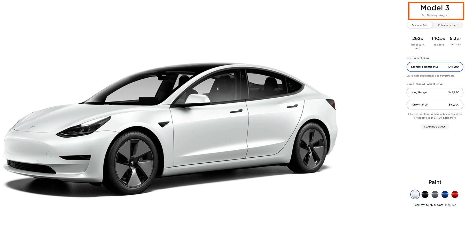 Самый базовый вариант Tesla Model 3 не будет доставлен до августа 22 года