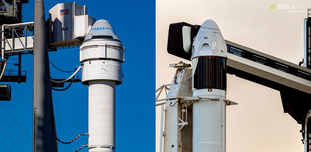 Космические корабли Starliner компании Boeing и космические корабли Crew Dragon компании SpaceX стоят вертикально на соответствующих стартовых площадках в декабре 2019 года и январе 2020 года. На данный момент Crew Dragon выполнила два успешных запуска с полной загрузкой до единственного частичного отказа Starliner.  (Ричард Энгл)
