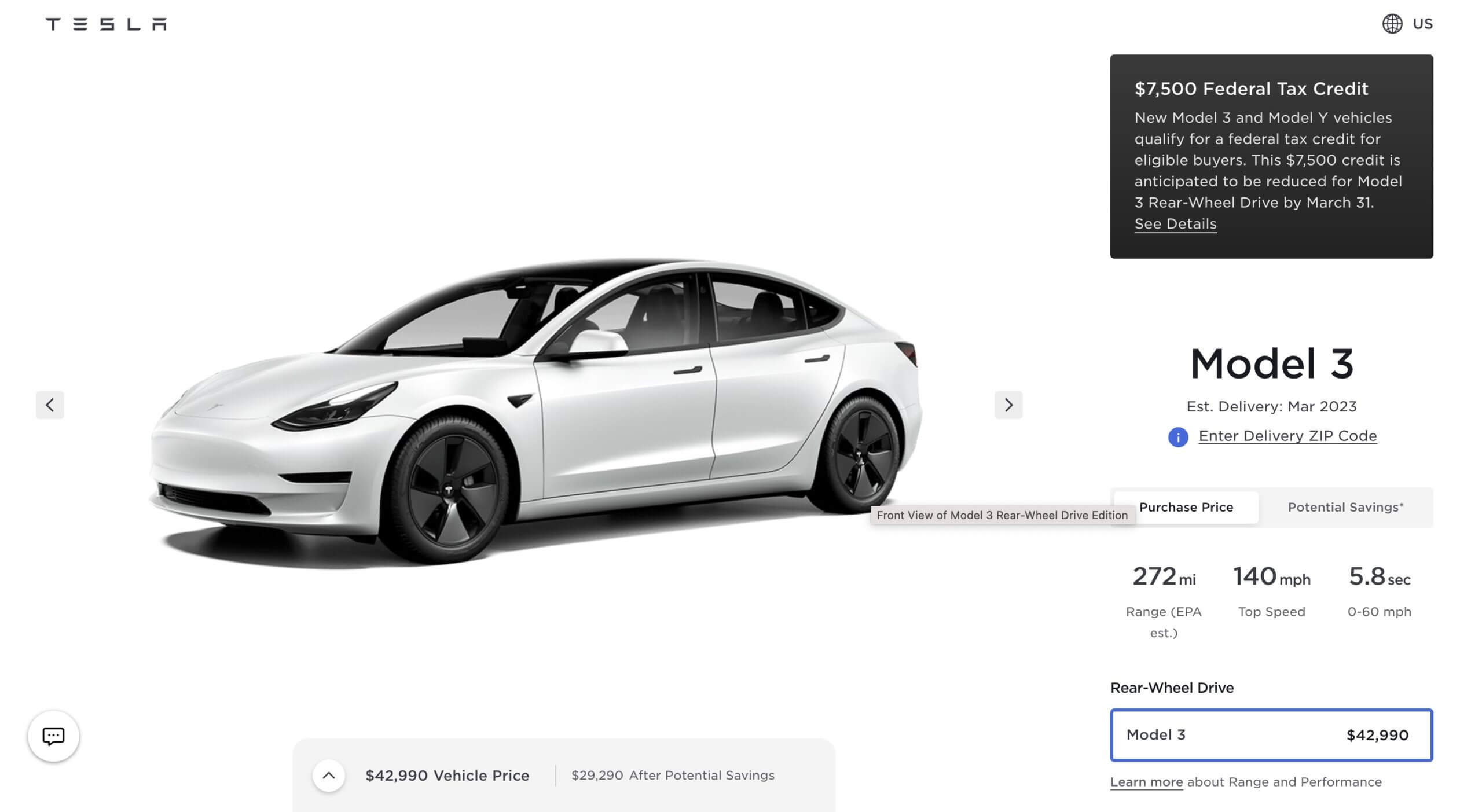 Податкові кредити на електромобілі Tesla Model 3 RWD у розмірі 7500 доларів США будуть зменшені