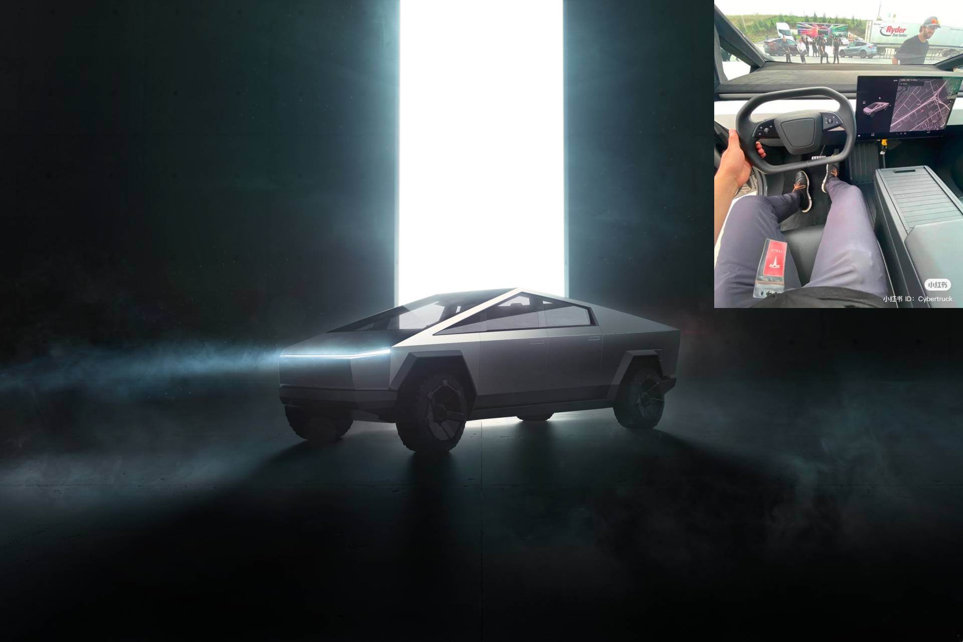 На фото інтер’єру Tesla Cybertruck показано покращене рульове керування тощо