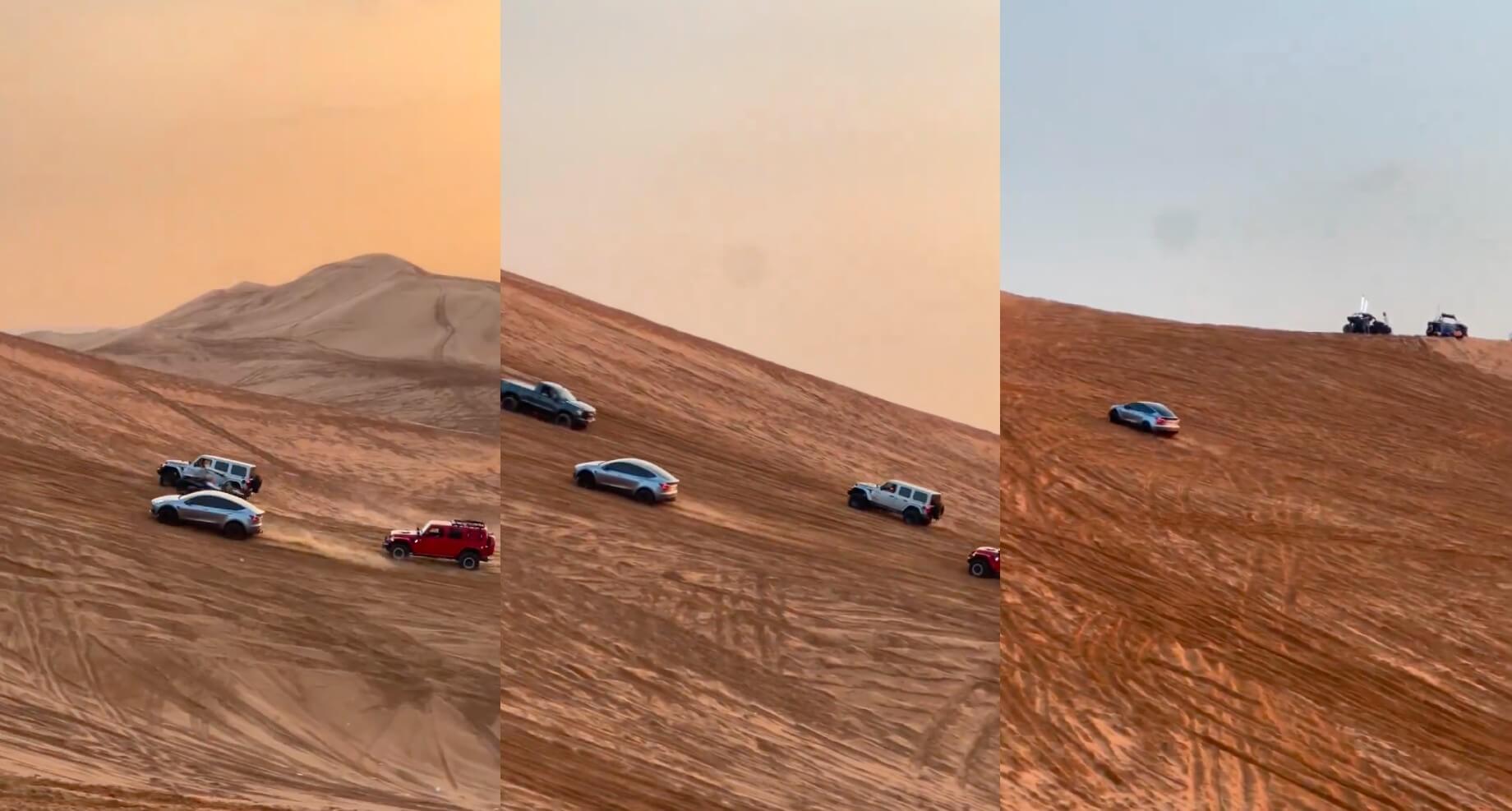 Tesla Model Y удивила, обогнав джипы в быстром подъеме по песчаным дюнам